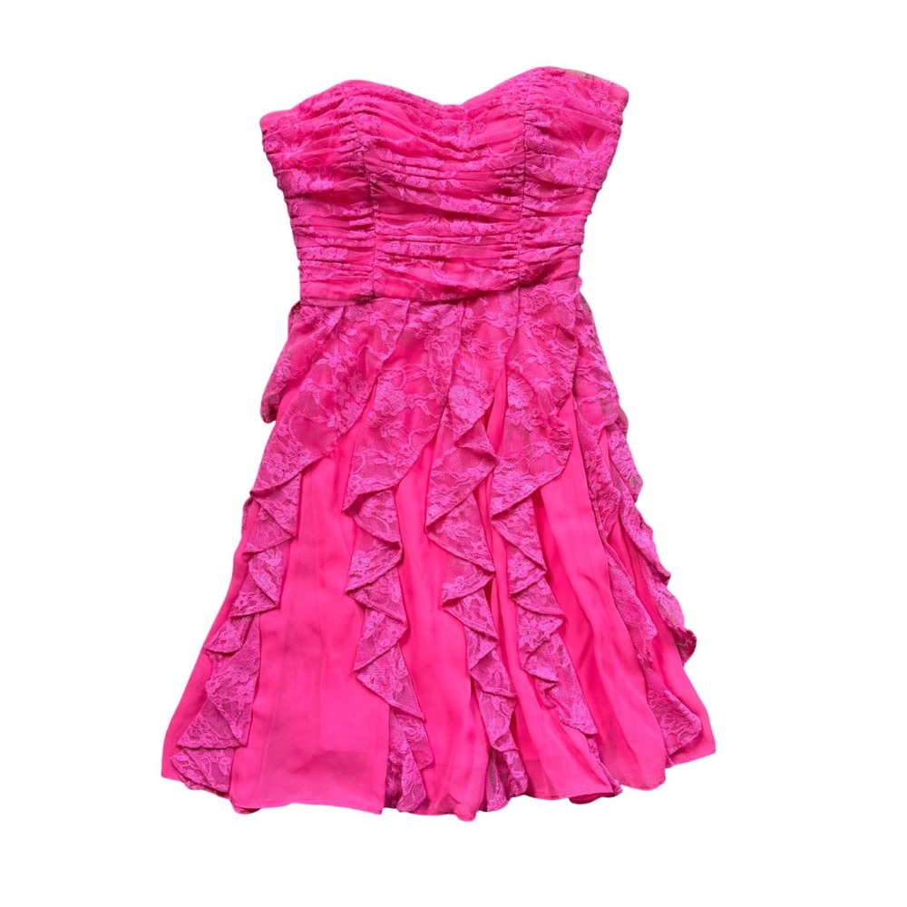 Hailey Logan Adrianna Papell Hot Pink Lace Corset Dress Ruched Ruffle Mini XS
